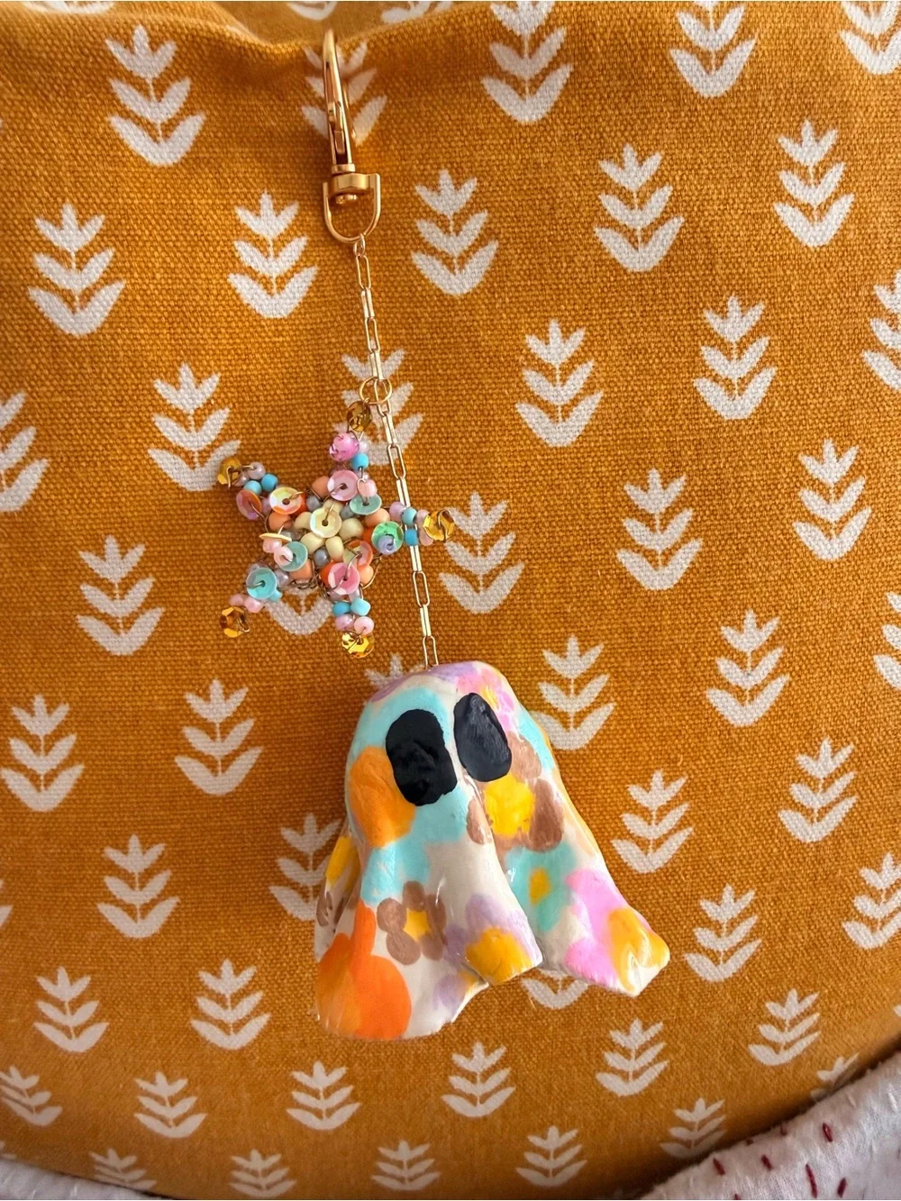 Hand-Painted hand made Floral Ghost boho bag charm boo basket filler key chain